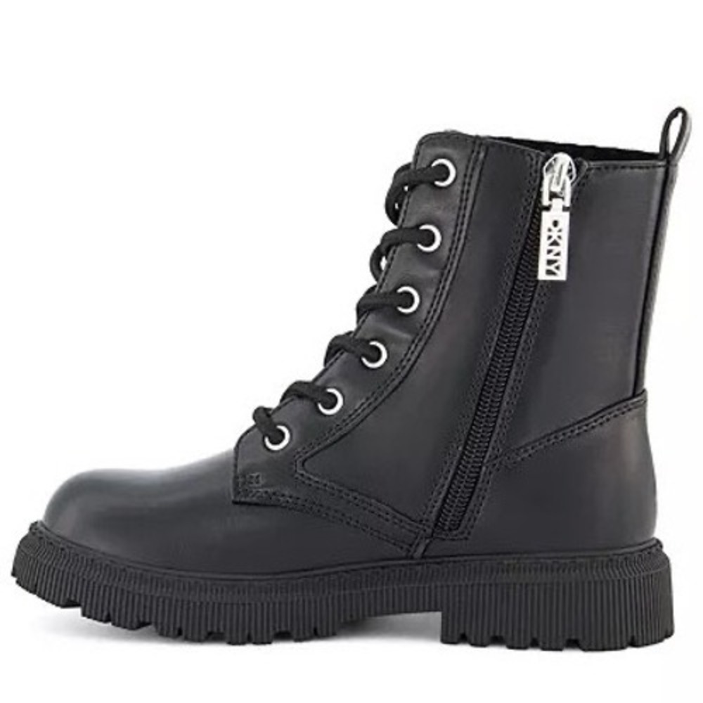 DKNY Kids Black Ava Menia Combat Boots Rhinestone Cuff Side Zip Lace Up Sz 2 NEW - Picture 9 of 15